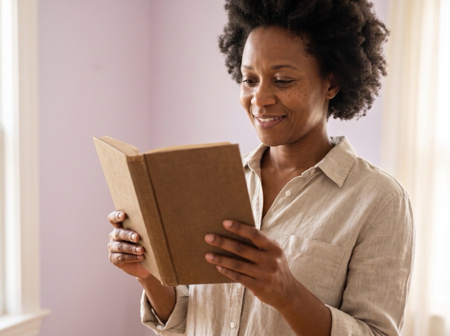A woman holding an open finished hardcover book, reading it with quiet pride.